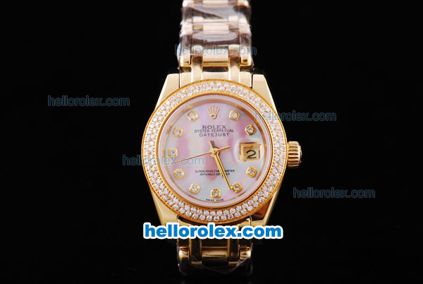 Rolex Datejust Oyster Perpetual Chronometer Automatic Full Rose Gold with Diamond Bezel,Pink MOP Dial and Diamond Marking-Lady Size - Click Image to Close